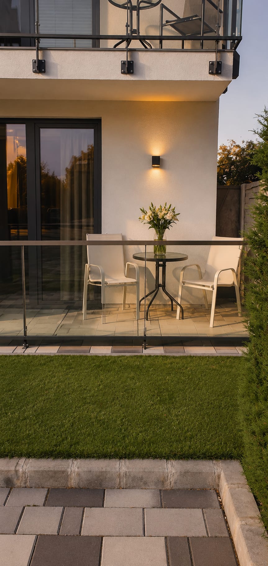 Balcony with two chairs and evening light