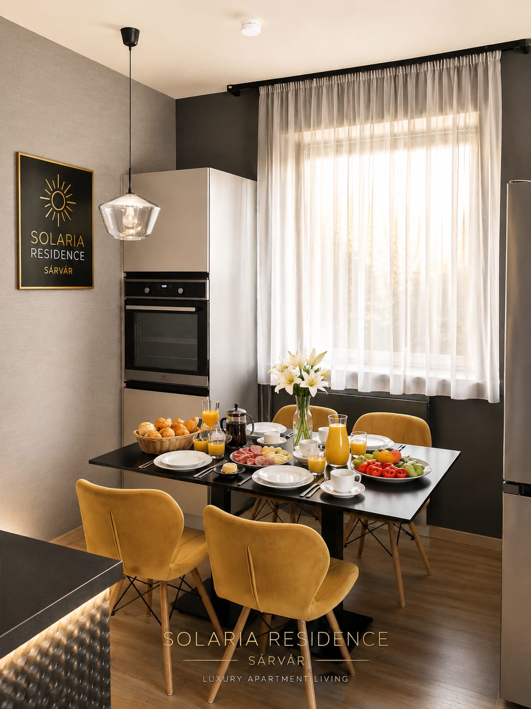 Dining table set for breakfast beside the oven tower