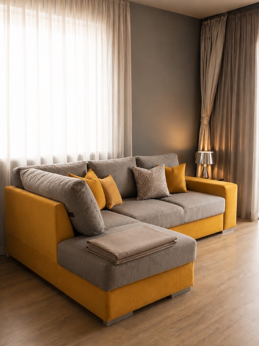 Mustard and grey corner sofa in the living room